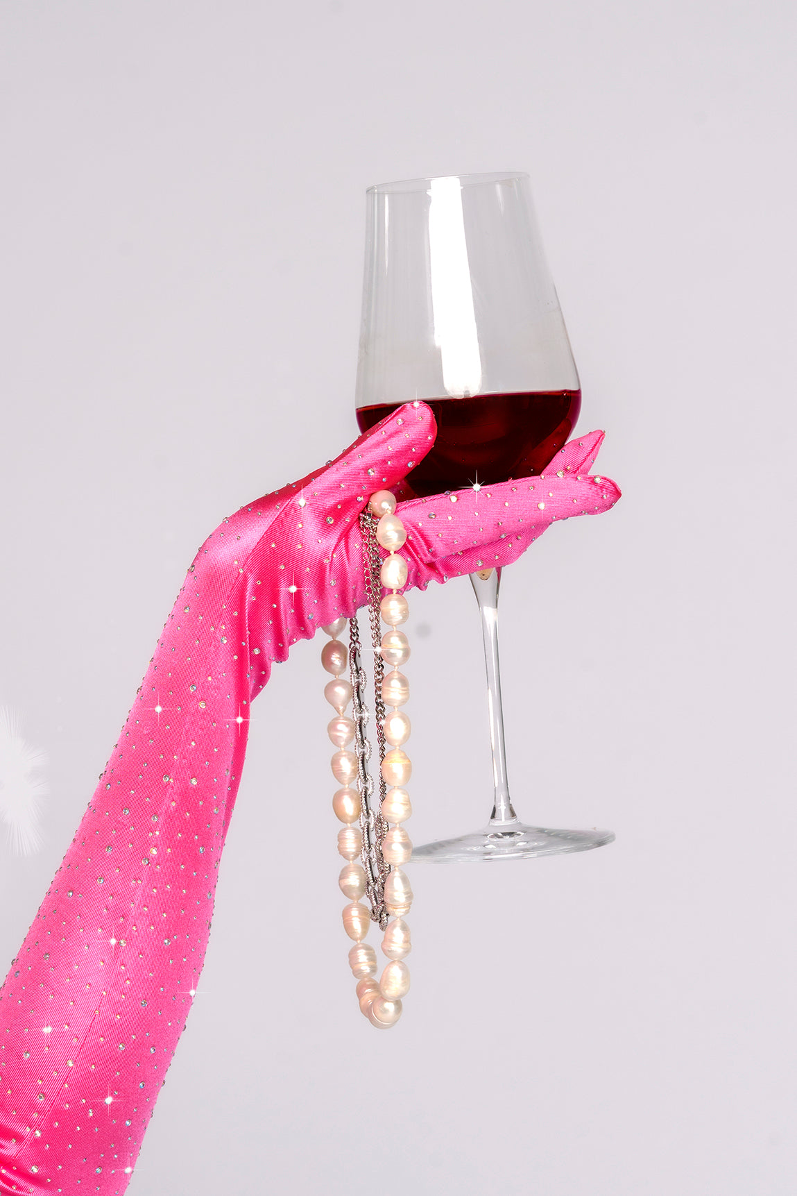 Mapale Satin Rhinestone Opera Gloves Pink