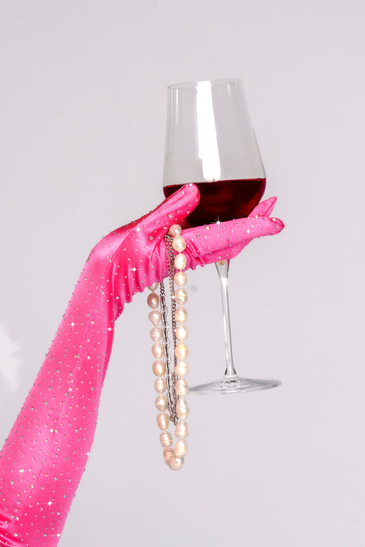 Mapale Satin Rhinestone Opera Gloves Pink