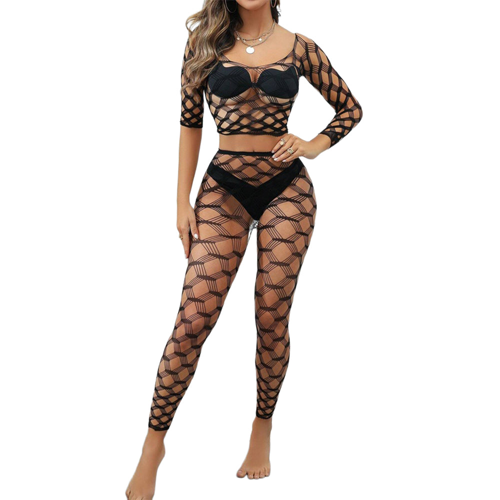 Black Pearl 2-Piece Hexagon Lace Crop Top With Leggings Black