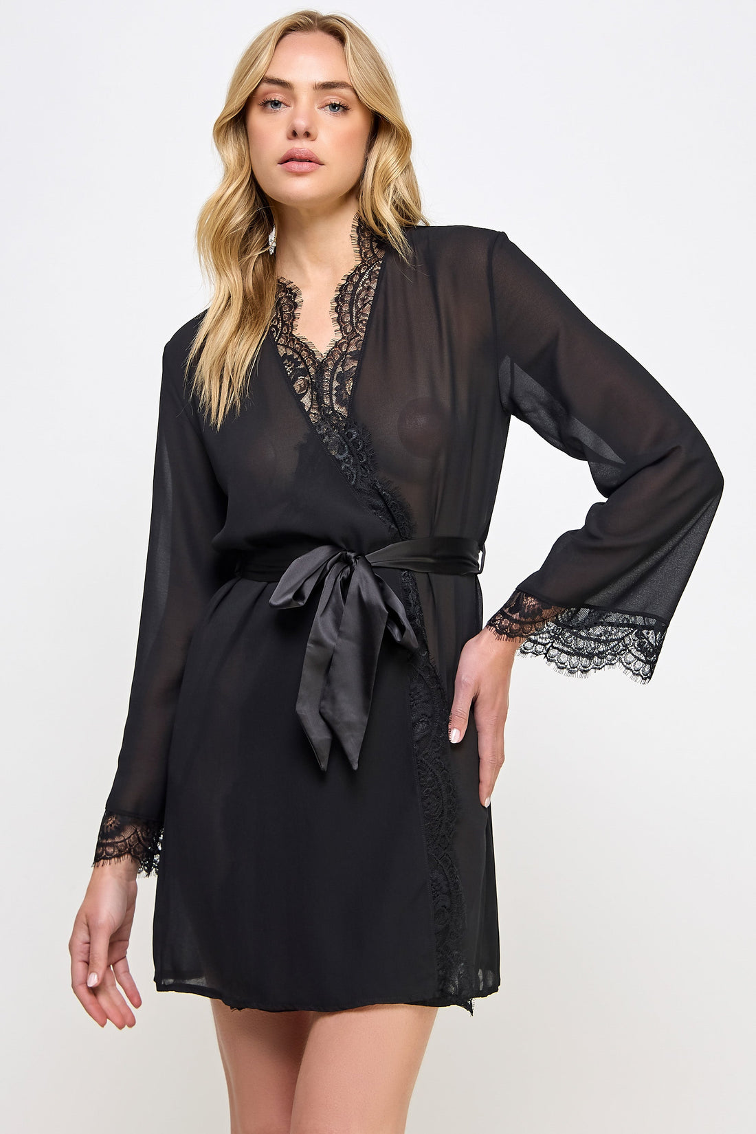 BeWicked Chiffon & Lace Vivian Sheer Robe Black