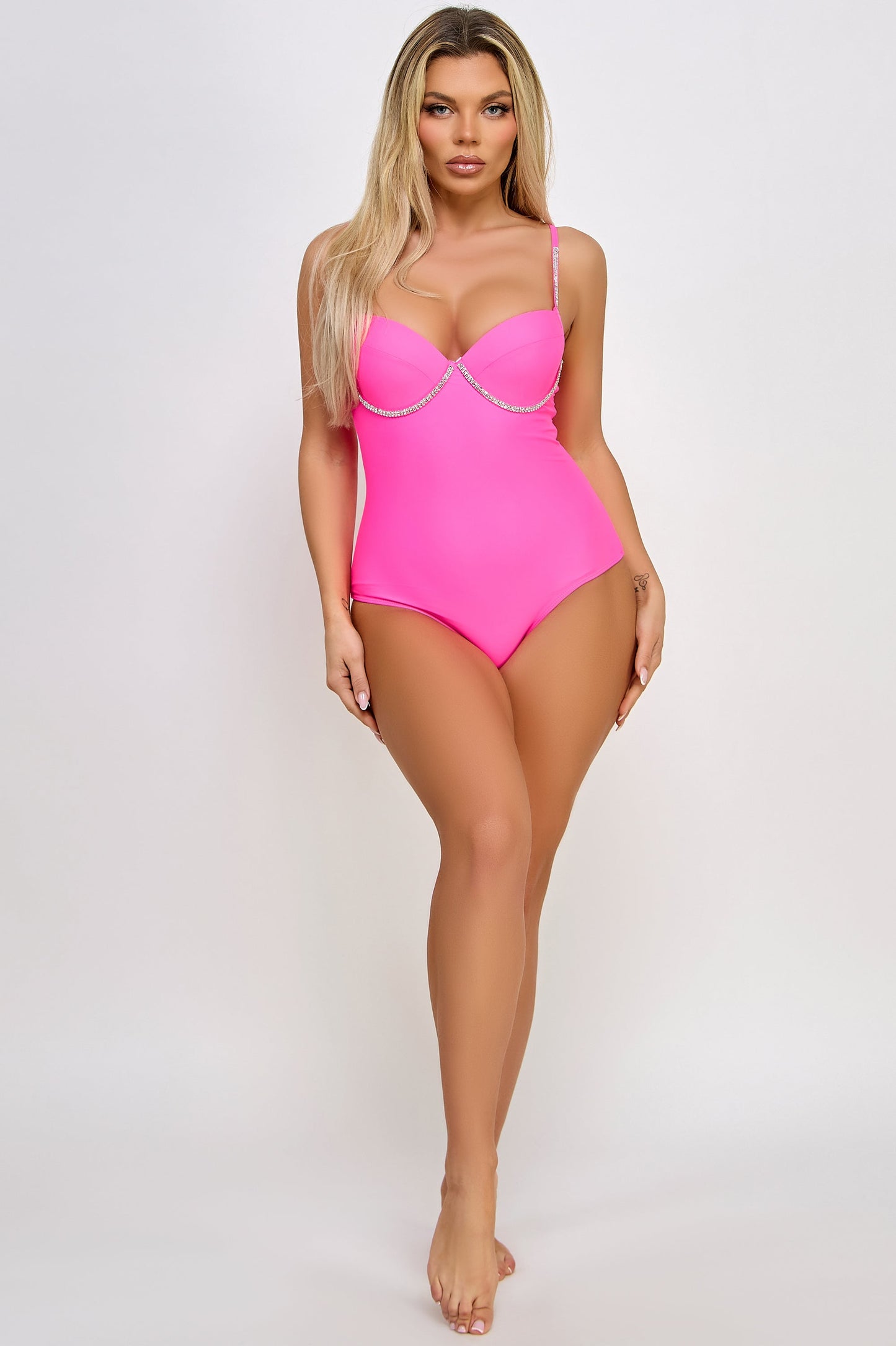 BeWicked Marion One Piece Swimsuit Underwire Cups Chic Rhinestone Hot Pink