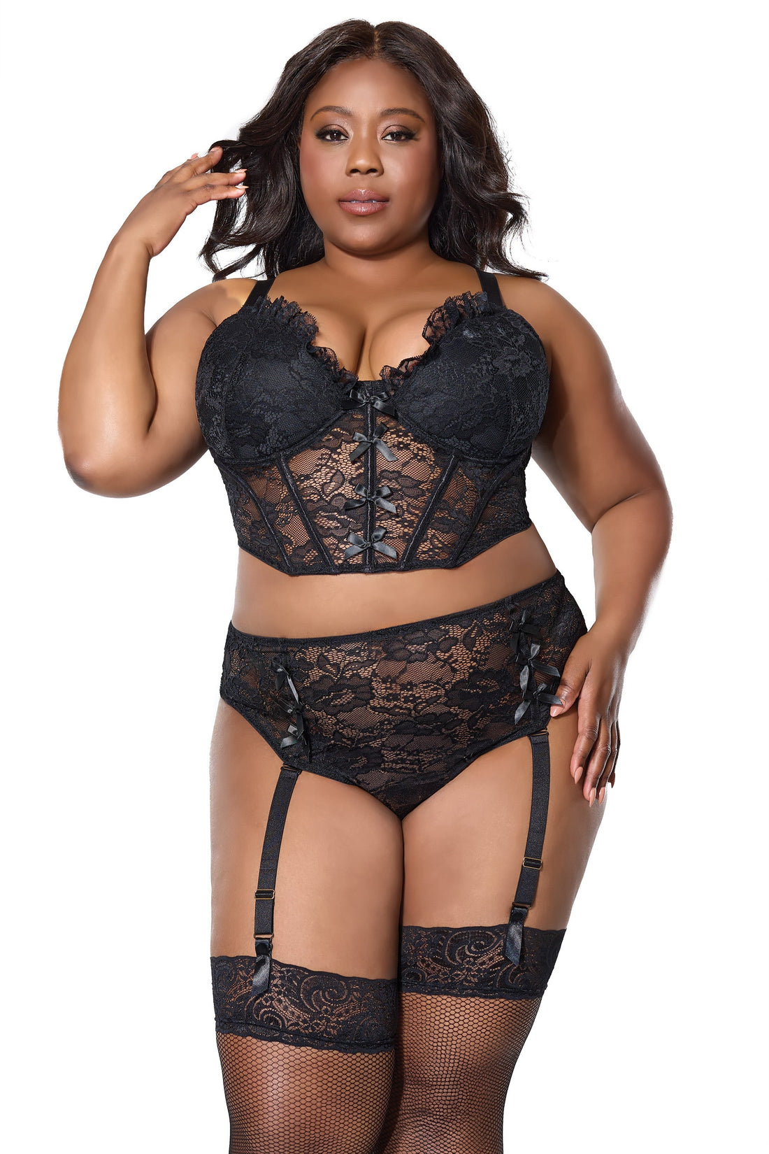Coquette Queen Sexy Lace Padded Underwire Cups Cropped Bustier Set Black