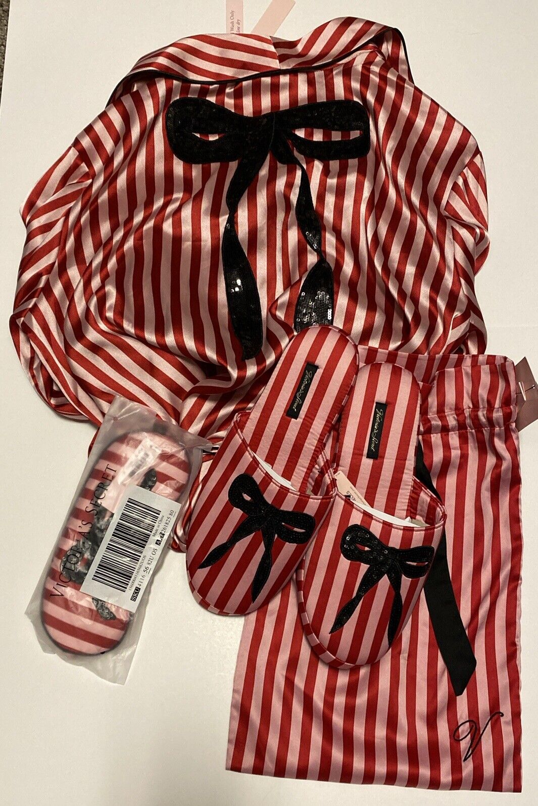 Victoria Secret Robe Sequin Bow Red Stripe Satin Slippers Eyemask Set M / L