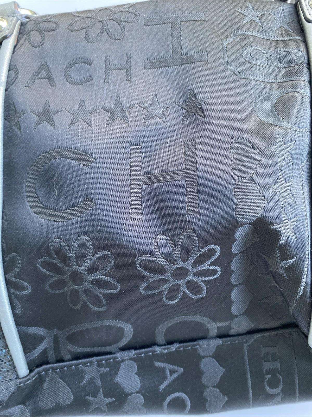 Vintage Coach Handbag Bag Black Gunmetal Satiny Print Glitter & Coin Purse Heart