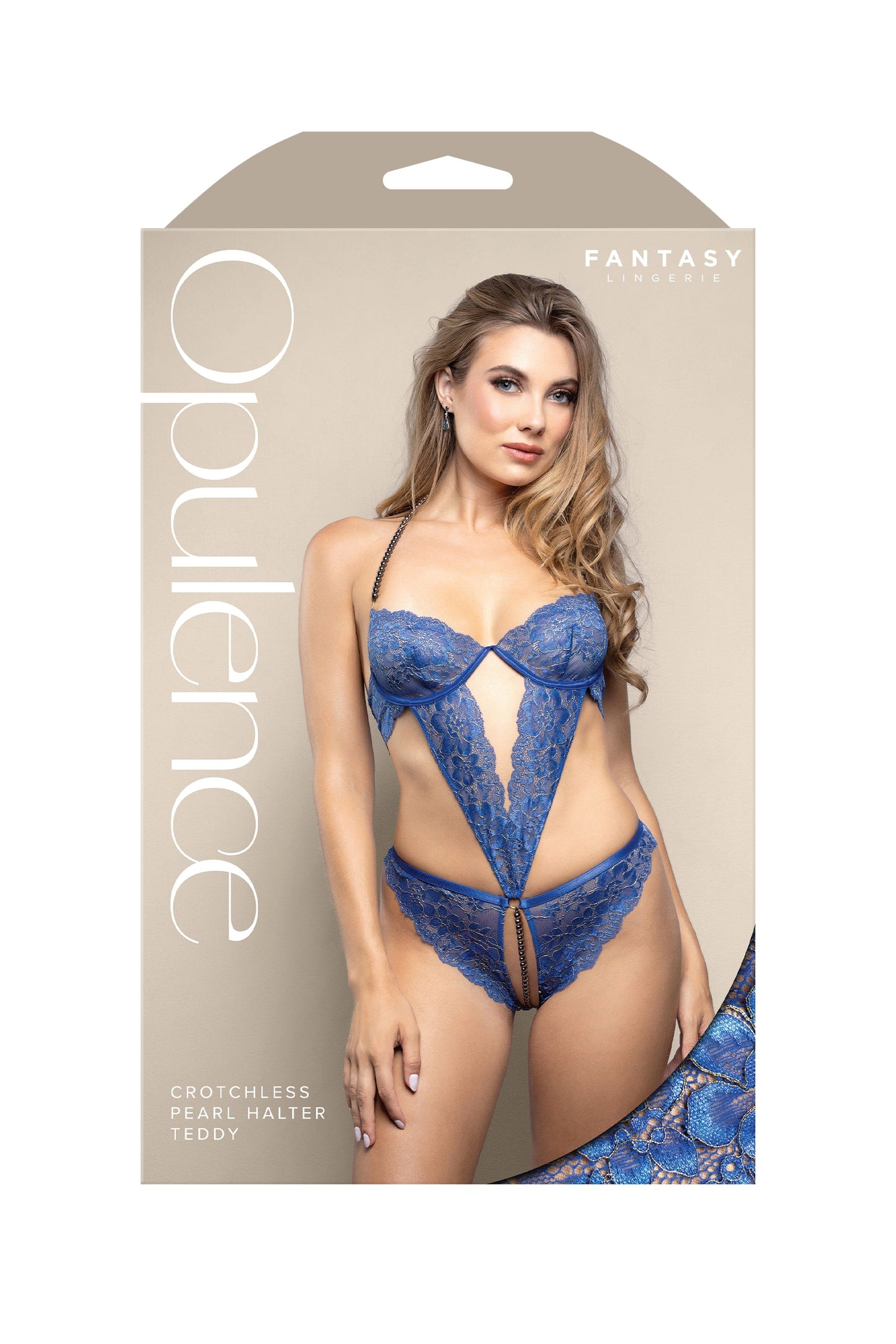 Fantasy Opulence Crotchless Pearl Halter Teddy Royal Blue