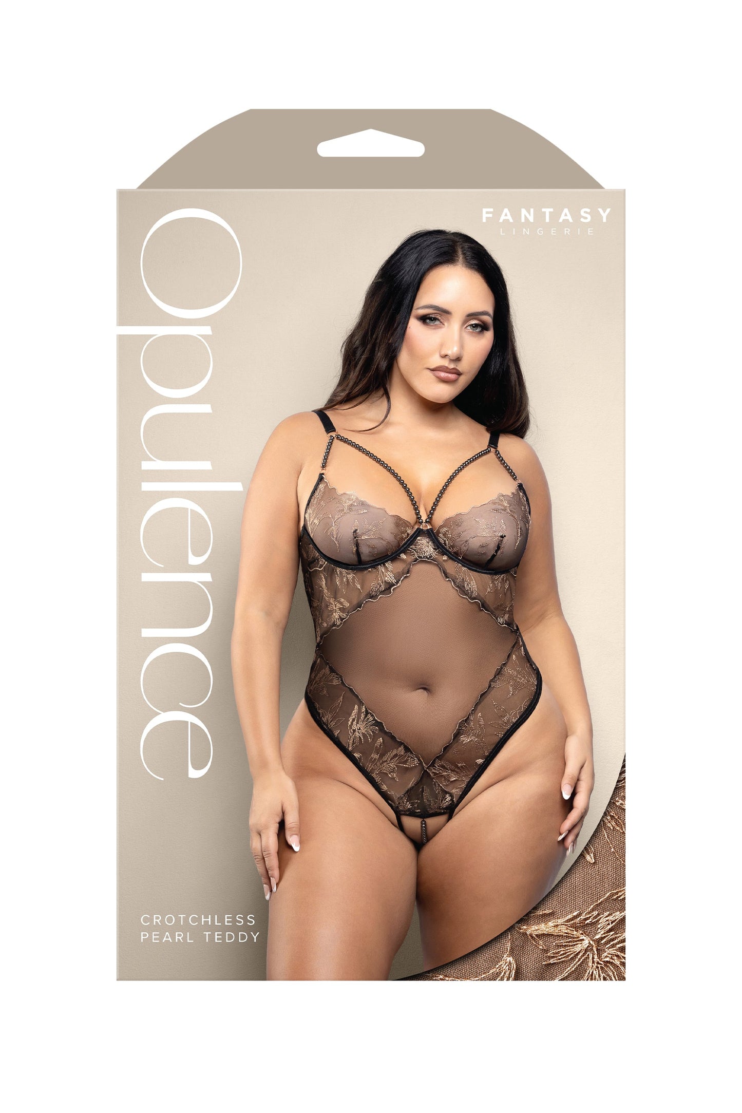 Fantasy Opulence Crotchless Pearl Sheer Teddy Black