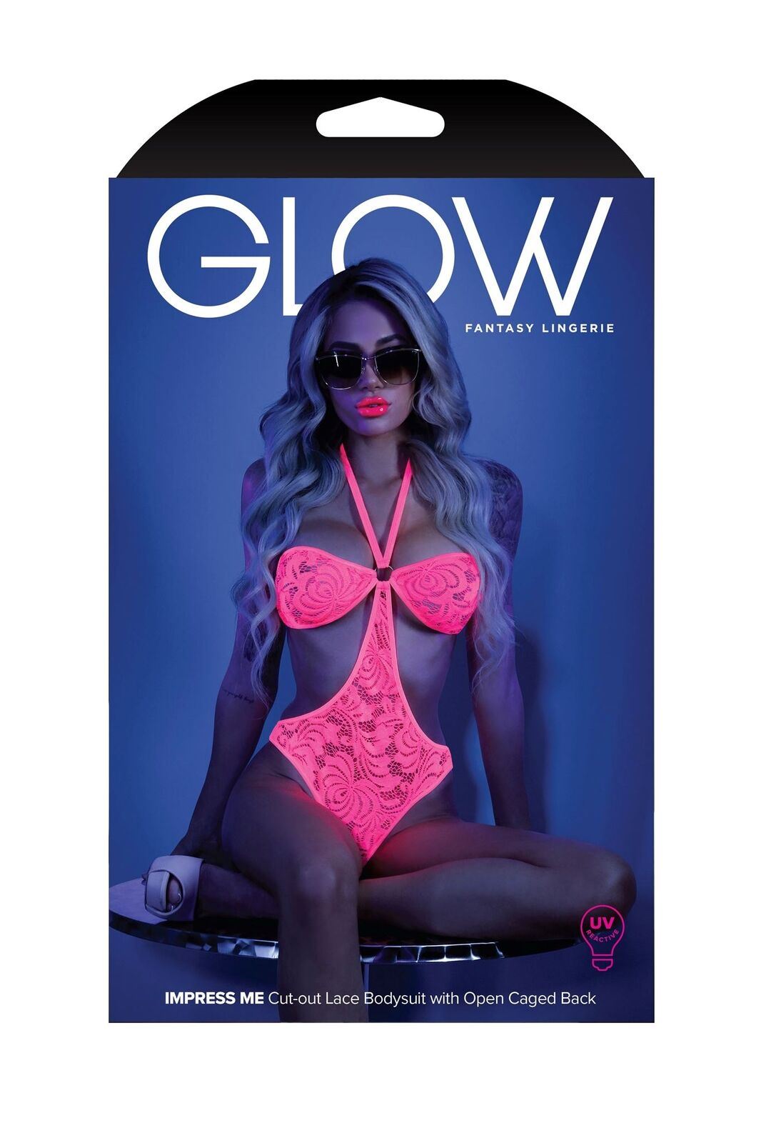 Fantasy Lingerie Glow Black Light Halter Bodysuit Neon Pink L/XL