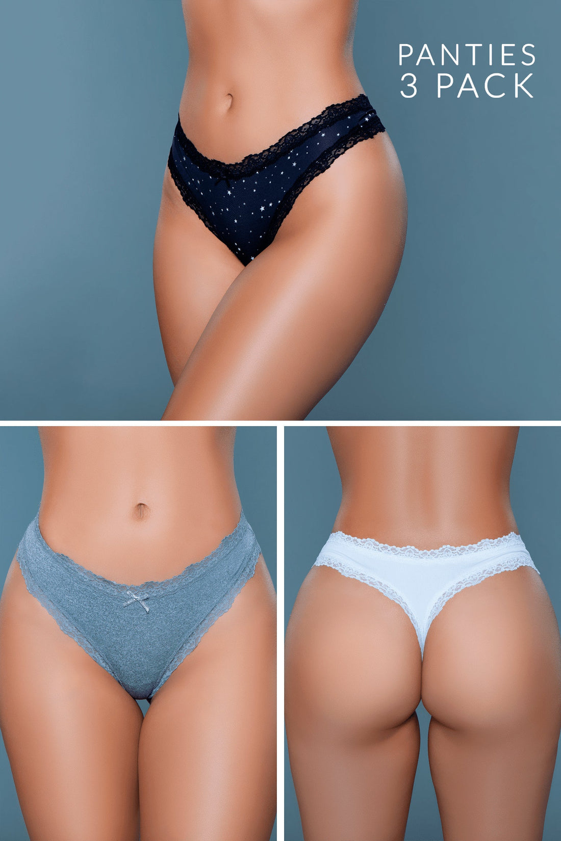 Be Wicked Jade Thong 3 Pack Black-Grey-White
