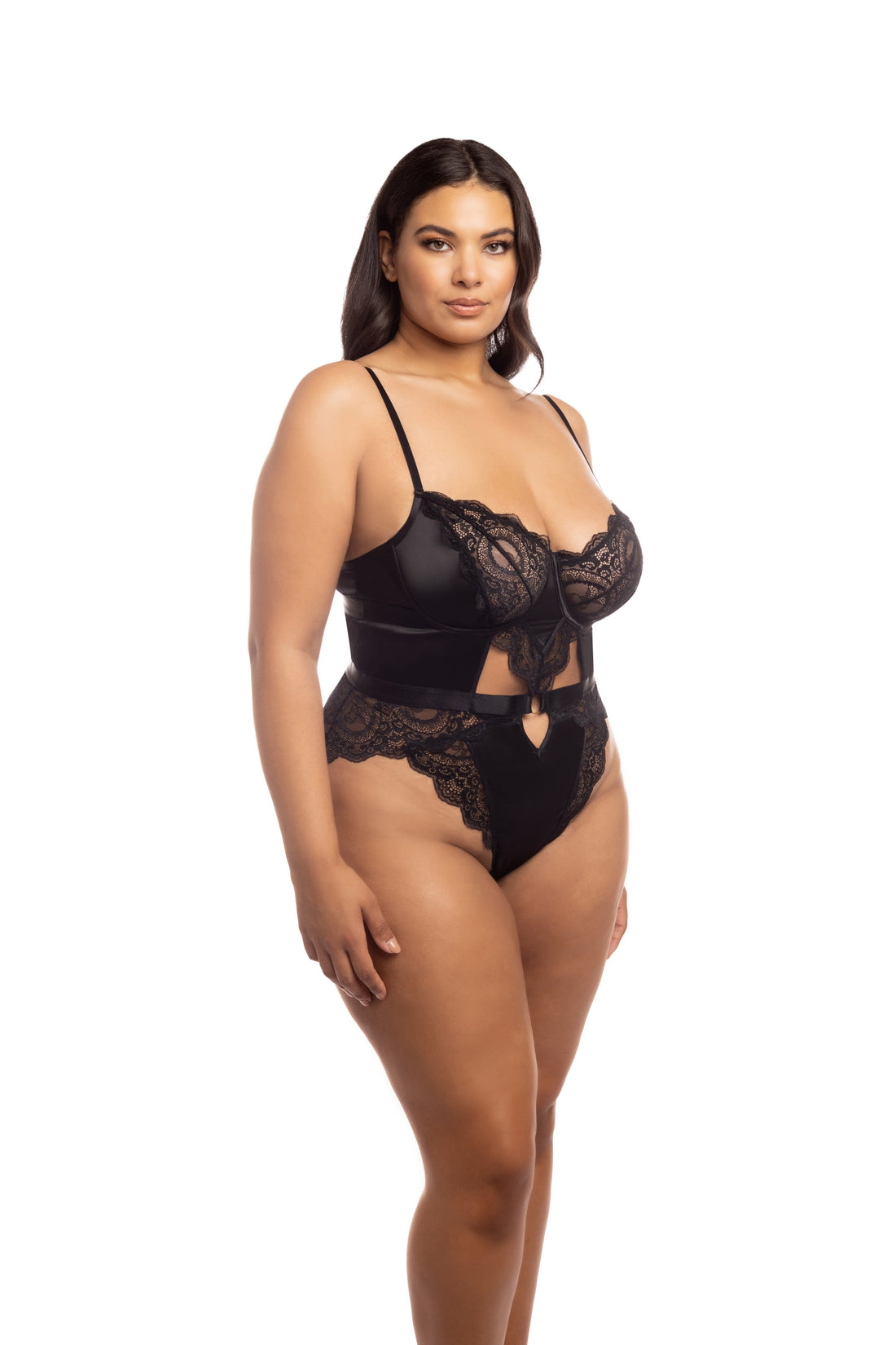Oh la la Cheri Queen Minna Unlined Underwire Teddy with Stretch Satin, Lace Paneling, and Snap Crotch Closure Black