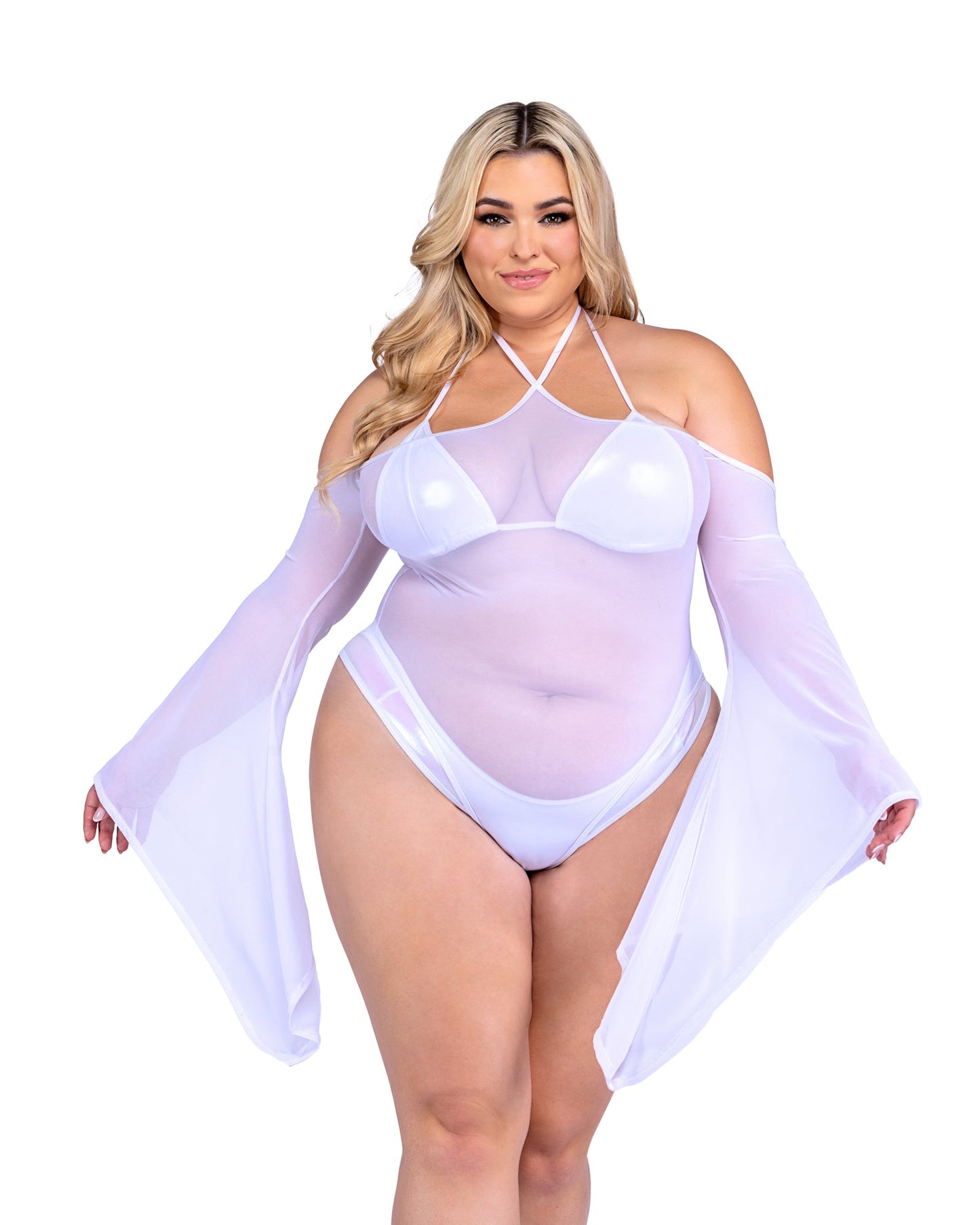 Roma Costume Stripper Sheer Mesh Romper with Bell Sleeves