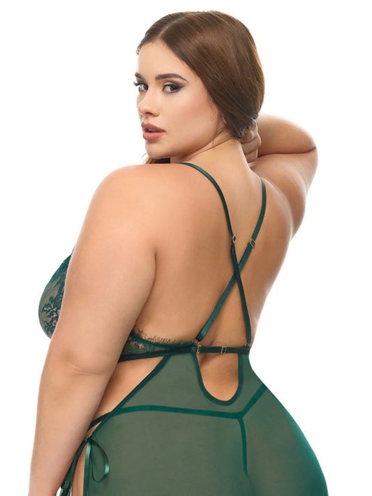 Oh la la Cheri Curvy Cami Lace and Mesh Night Gown Green