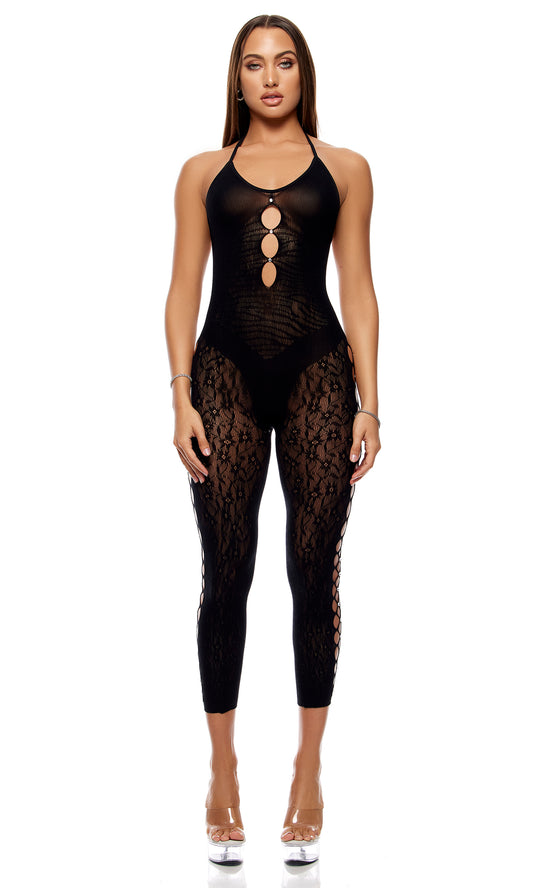 Forplay Lingerie Queen Cross Your Mind Capri Bodystocking Black