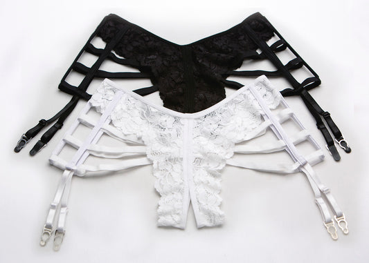 Shirley of Hollywood Lace Elastic Strappy Open Front Gartini Gartered Panty