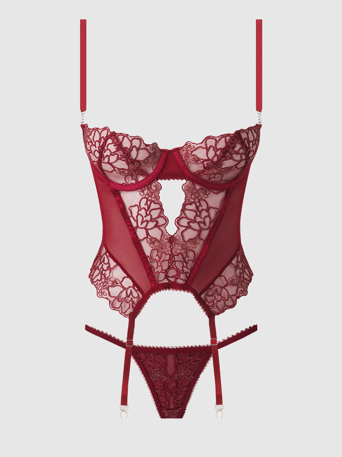 House of Desire Eden Embroidered Lace Bustier Set Rhubarb Small