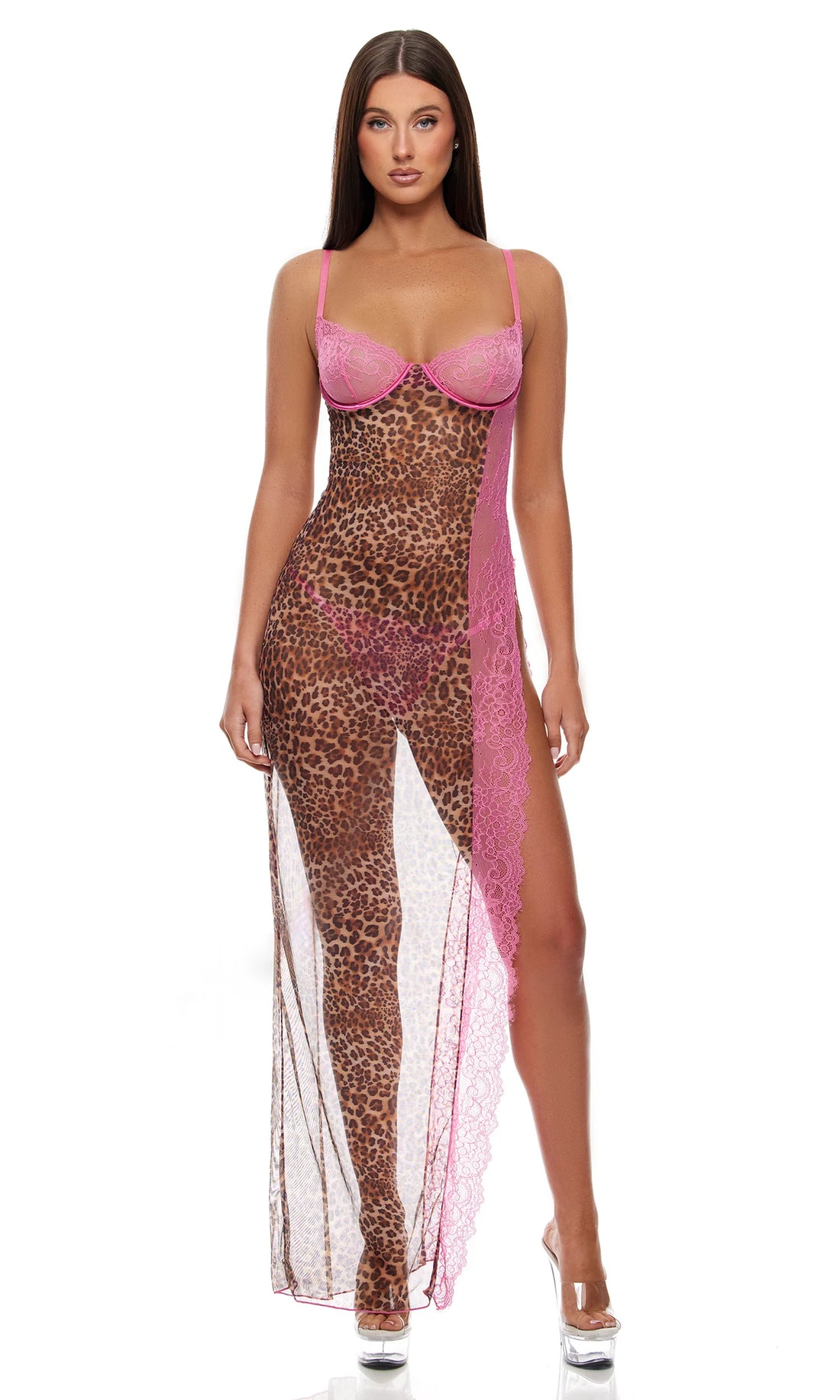 Forplay Animal Instincts Sheer Mesh Nightgown Lingerie Set Pink Leopard