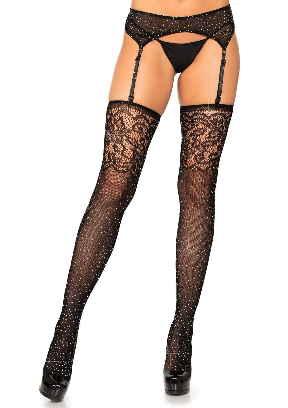 "Rhinestone Lace Top Fishnet Stockings - One Size - Black LA-1945BLK"