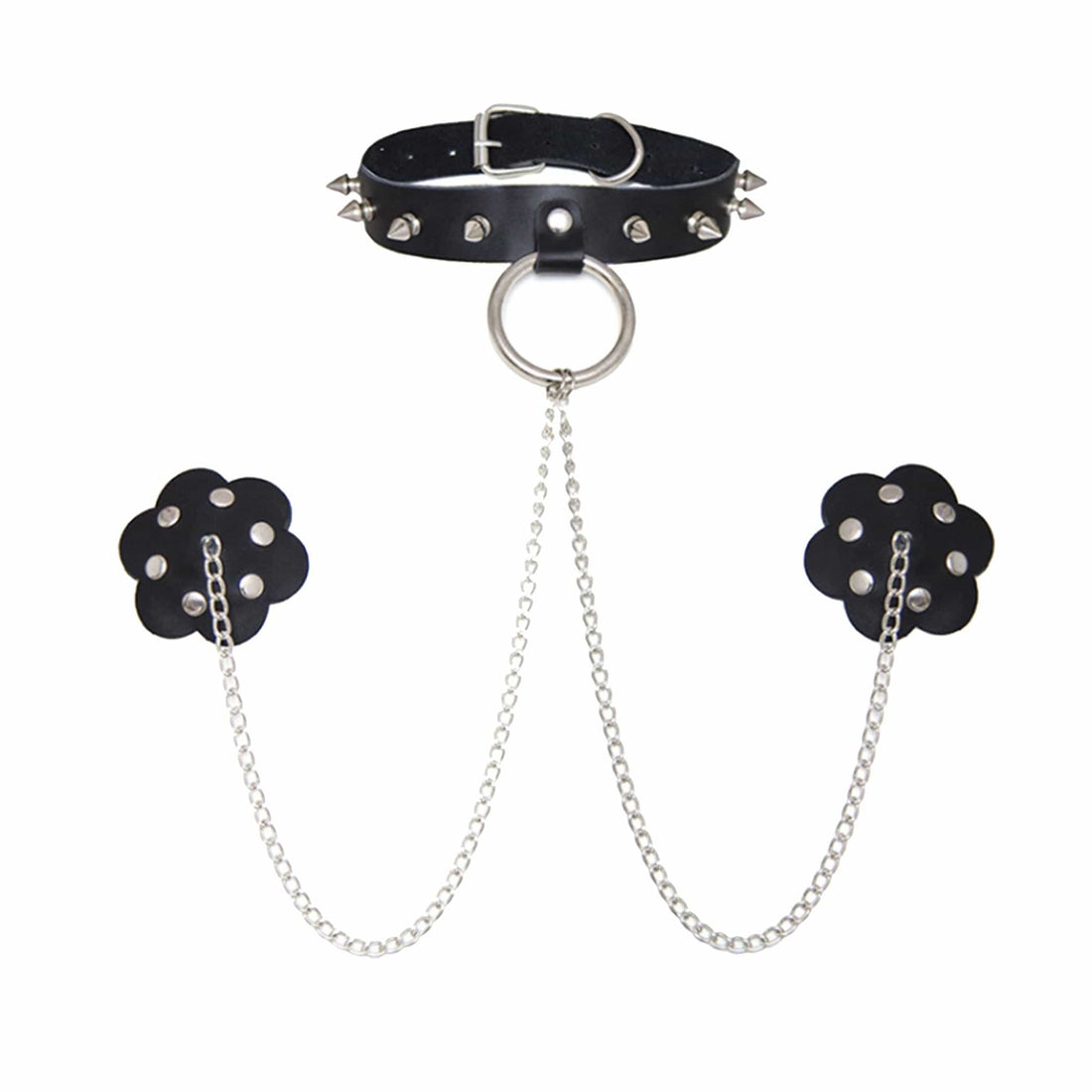 Neva Nude Burlesque Slave 4 U Chain Neck Choker Leather Reusable Silicone Pasties - Black