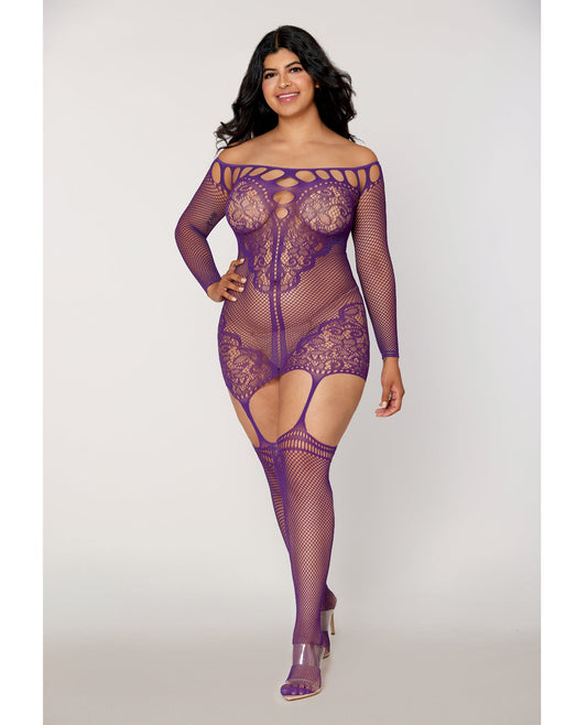 Dreamgirl Queen Scalloped Lace and Fishnet Garter Dress w/Attached Stockings Purple