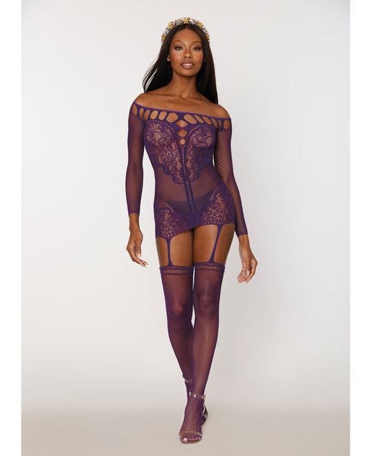 Dreamgirl Scalloped Lace and Fishnet Garter Dress w/Attached Stockings Purple