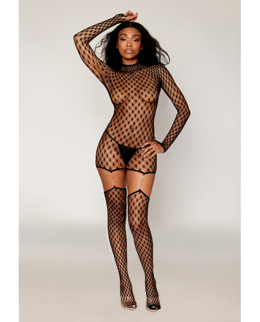 Dreamgirl Geometric Fence Net Turtleneck Garter Dress w/Stockings