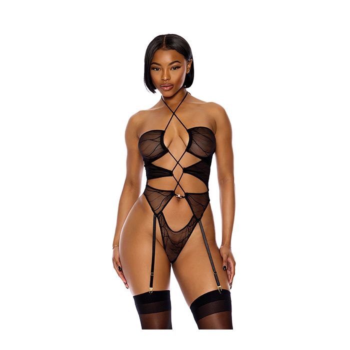 Forplay Lingerie Pull My Strings Sheer Mesh Halterneck Teddy Black