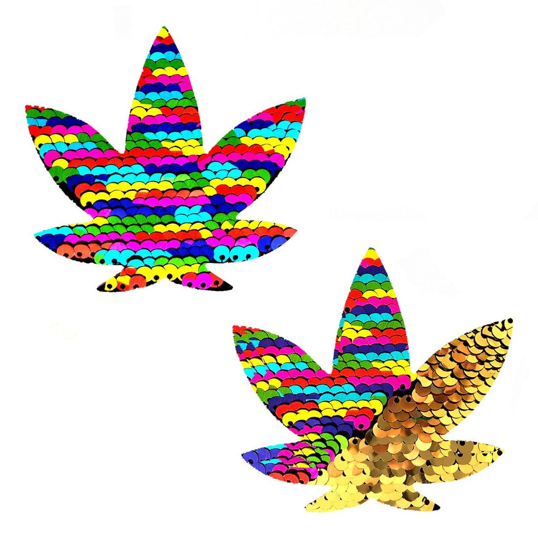 Neva Nude Funfetti Flip Sequin Dope AF Weed Leaf Pasties - Rainbow/Gold