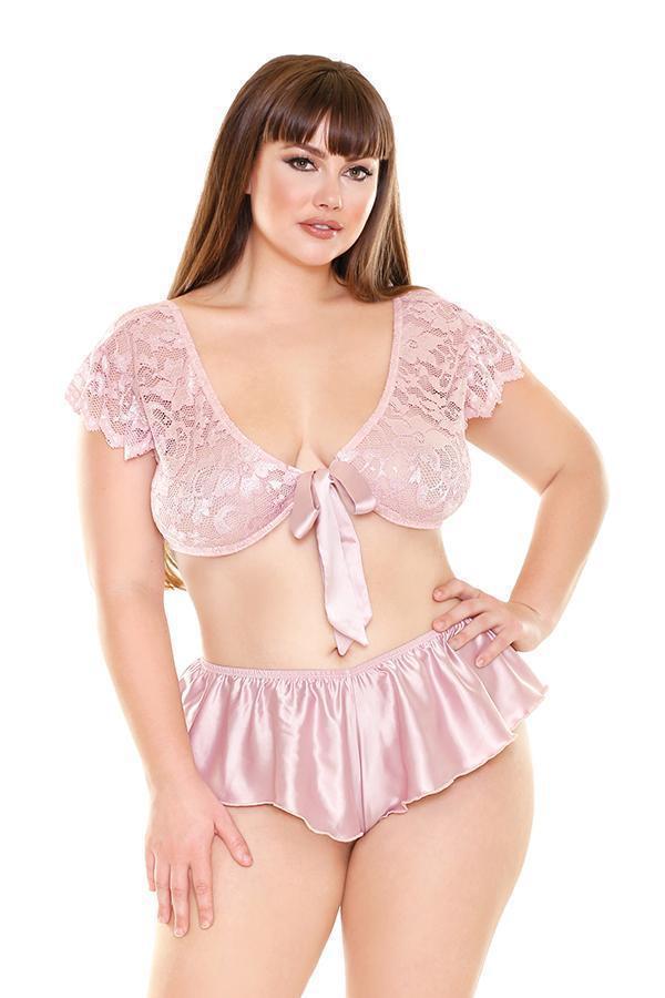 Fantasy Lingerie Plus Tease Norah Tie Front Top & Tap Pant Pink Satin-Rebel Romance