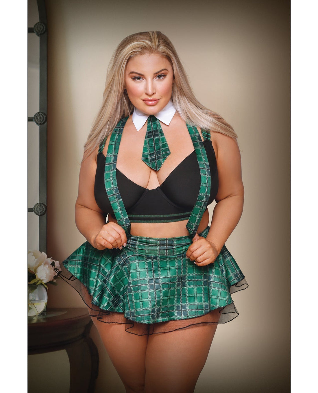 Fantasy Lingerie Queen Play Slither'n To Your DM's School Girl Green Plaid-Rebel Romance