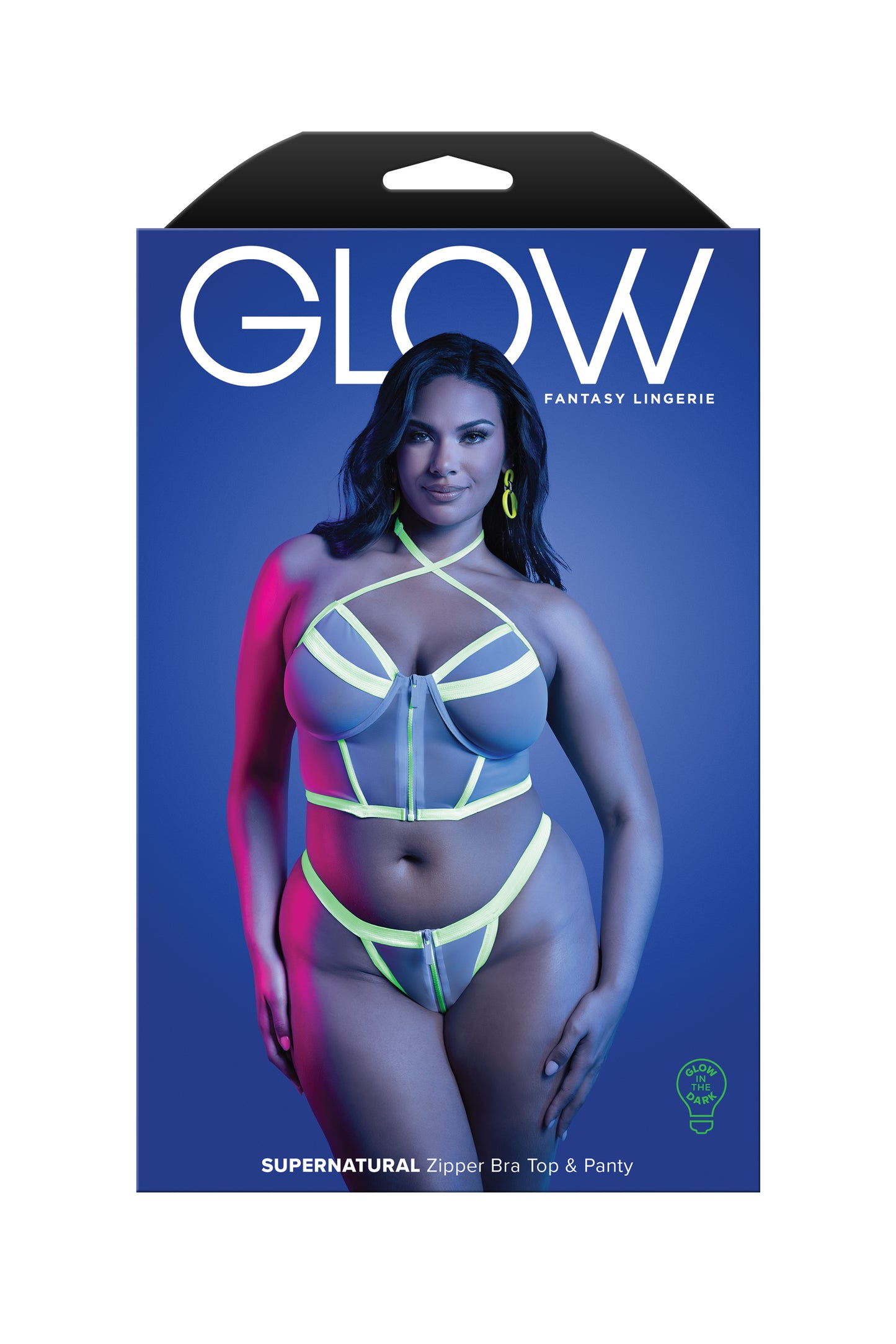 Fantasy Glow Black Light Supernatural Zipper Bra Top & Panty Set Queen