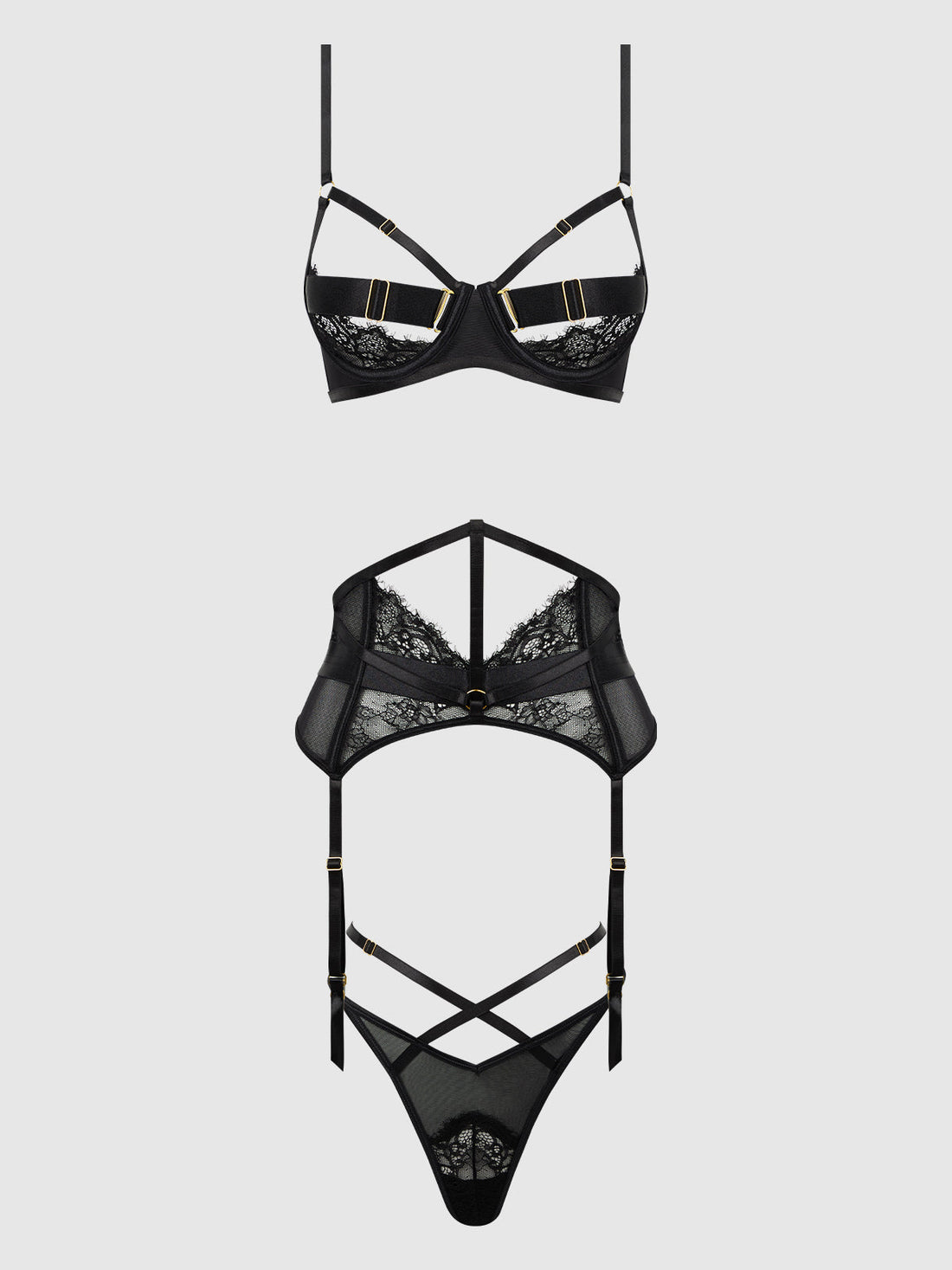 House of Desire Queen Nadia Lace & Mesh Bra, Garter & G-string Set Black
