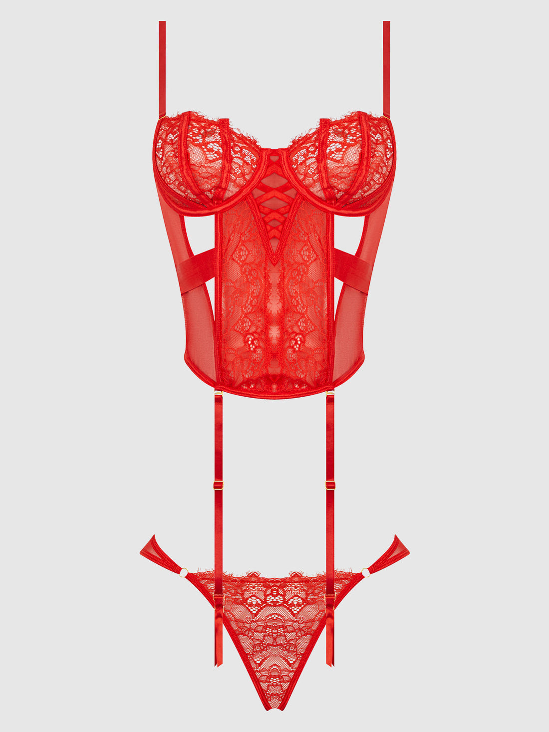 House of Desire Nadia Lace & Mesh Corset & Backless Hipster Set Hot Orange