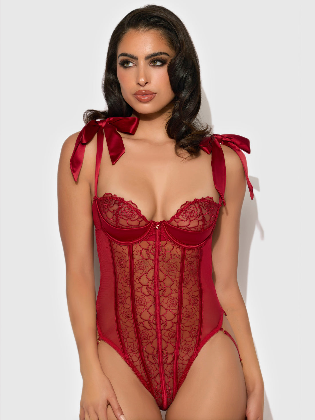 House of Desire Rosalie Embroidered Lace Teddy Crimson Red Roses