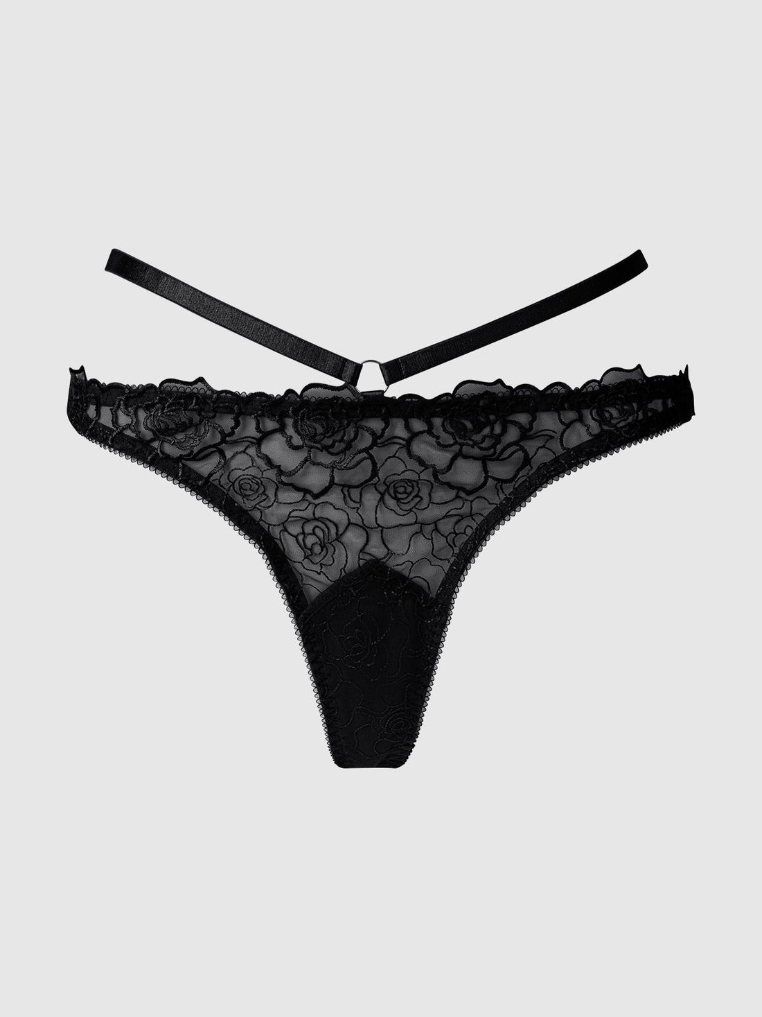 House of Desire Queen Rosalie Satin & Embroidered Lace Strappy Tanga Panty Black Rose