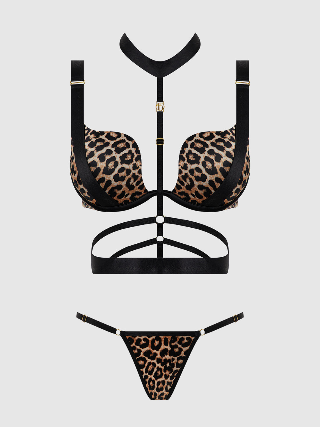 House of Desire Devon Strappy Push Up Bra, Harness & G-String Set Leopard