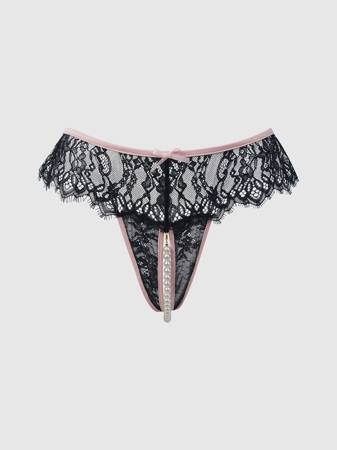 House of Desire Jocelyn Lace & Pearl Crotchless Thong Black/Light Pink