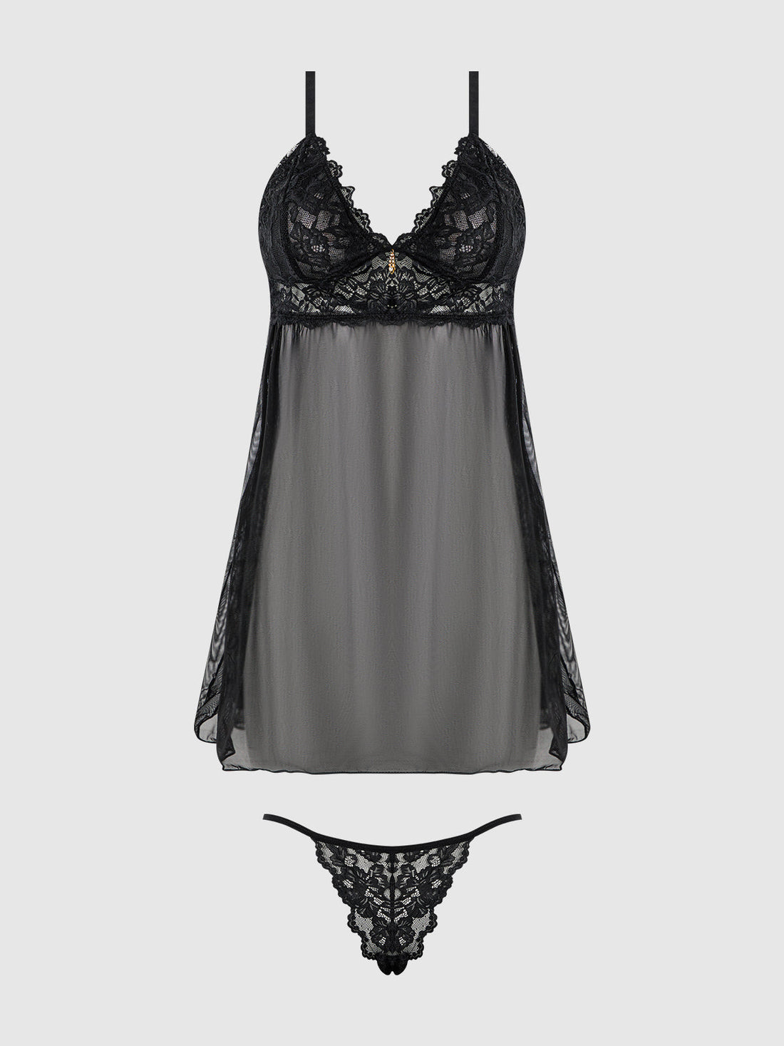 House of Desire Bella Lace & Mesh Babydoll & G-string Set Black