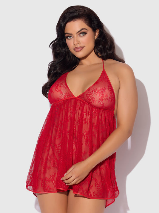 House of Desire Kiki Lace & Faux Leather Drop Off Babydoll Barbados Cherry Red