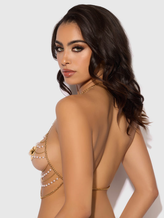 House of Desire Pearl & Chain Draped Bralette Bra Gold