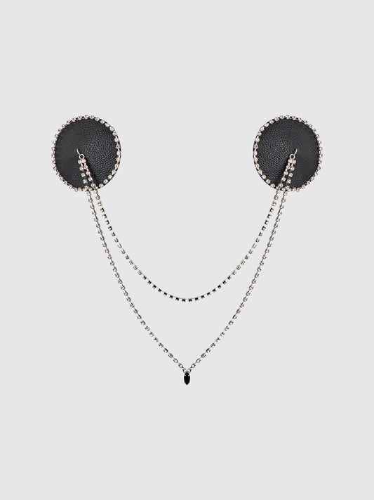 House of Desire Rhinestone & Leather-Like Draped Pasties Black Silver