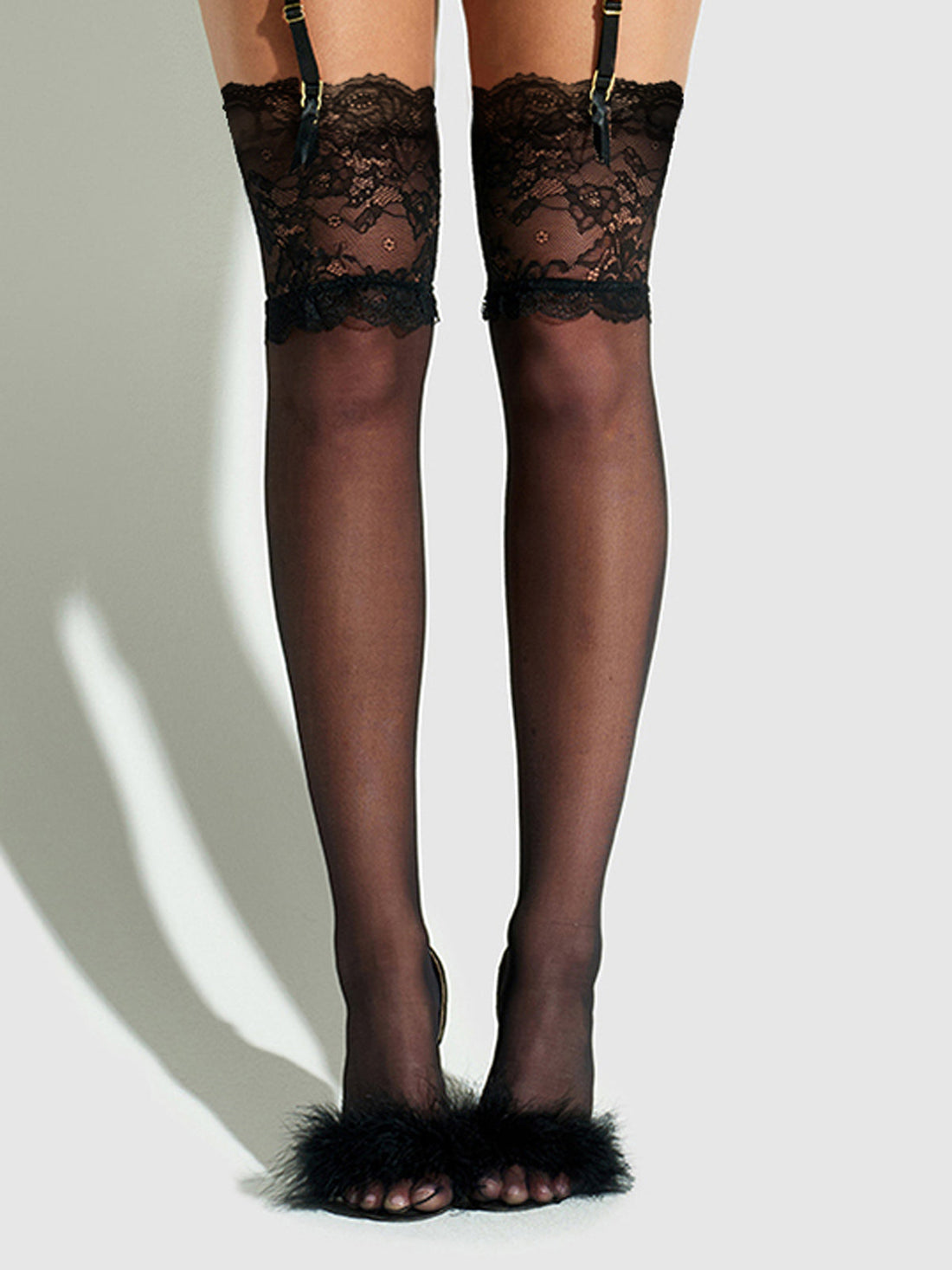 House of Desire Thigh High Sheer Stayups with Tall Lace Band Black