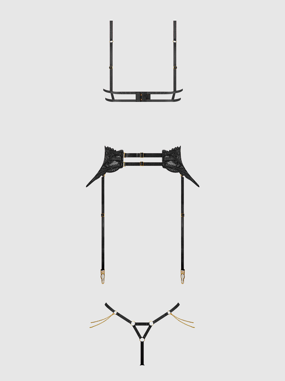 House of Desire Cecily Lace & Chain Open Cups Bra Set Black