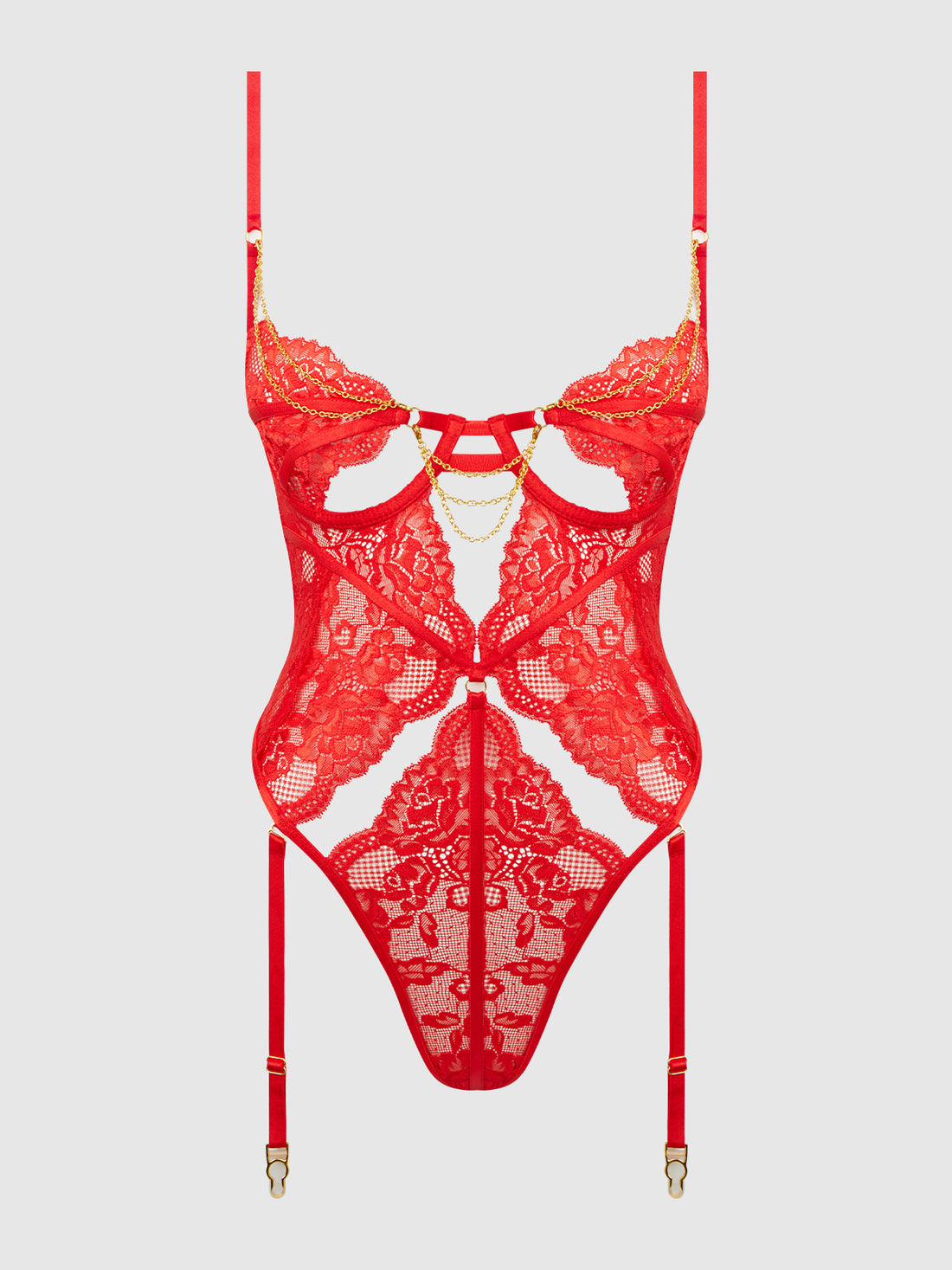 House of Desire Cecily Lace & Chain Gartered Teddy Red