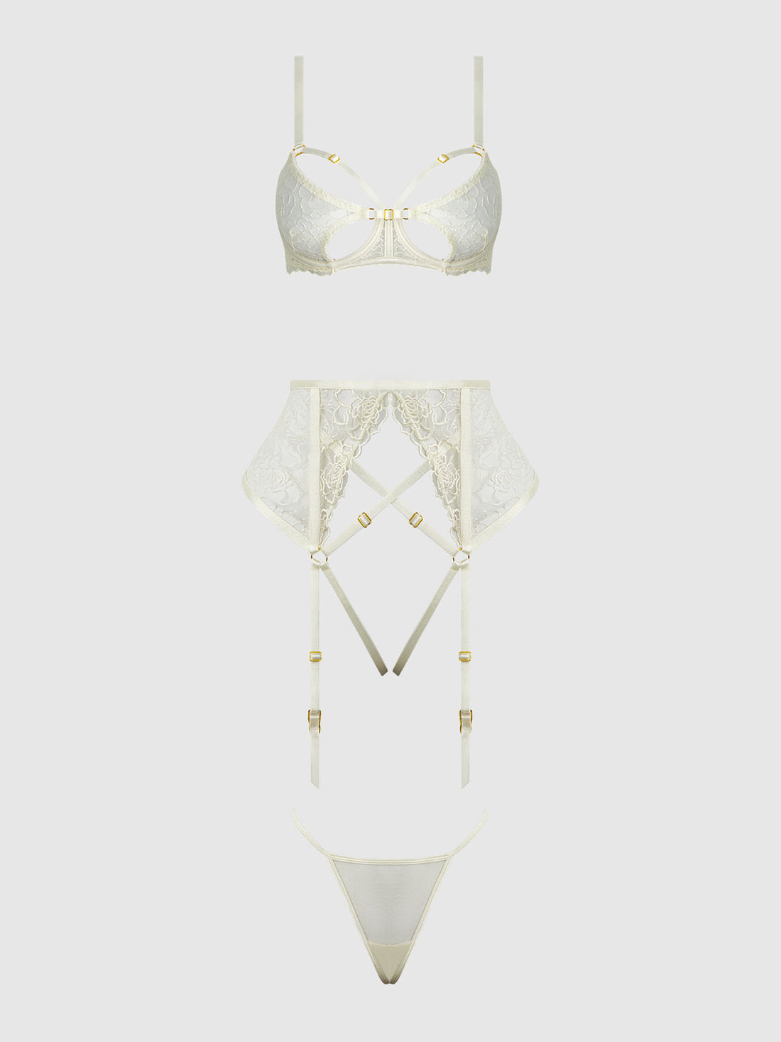House of Desire Rosalie Embroidered Lace Open Cup Bra Set Pearl Ivory
