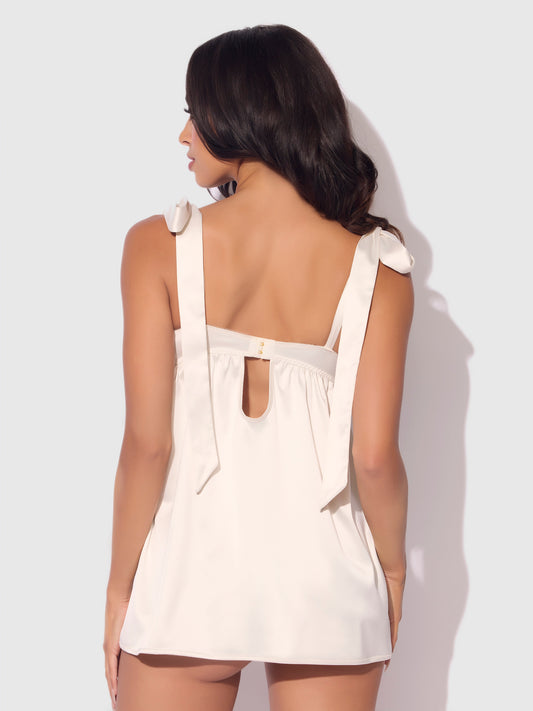 House of Desire Rosalie Satin & Embroidered Lace Babydoll Set Pearl Ivory