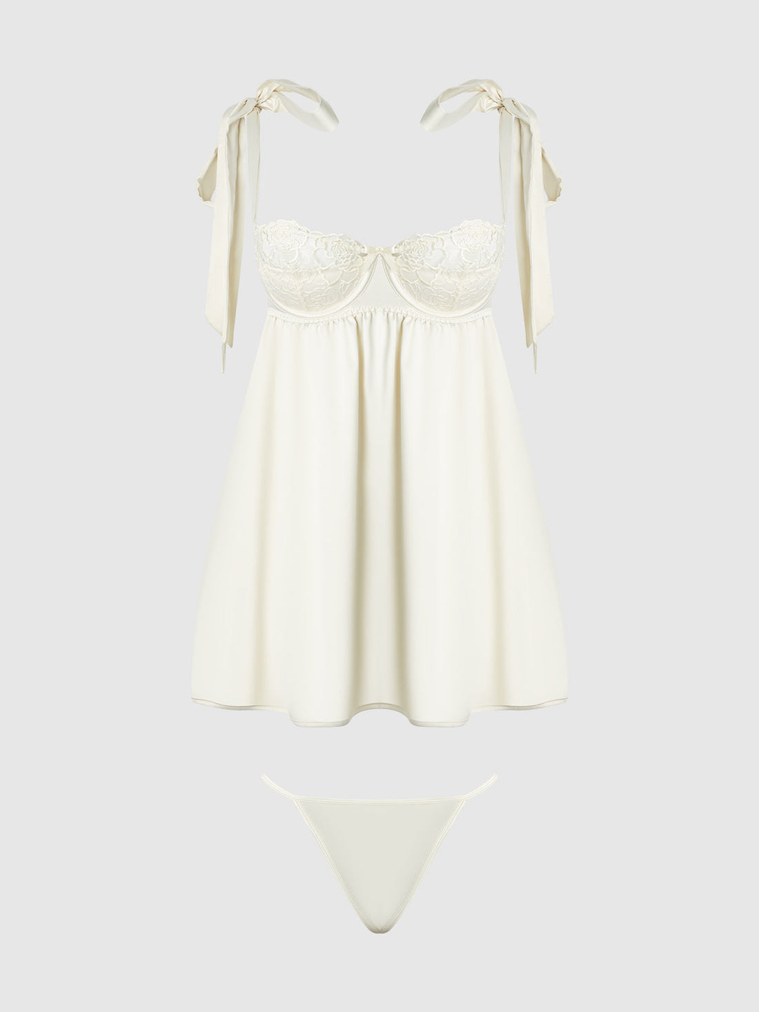 Rosalie Satin & Embroidered Lace Babydoll Set Pearl Ivory