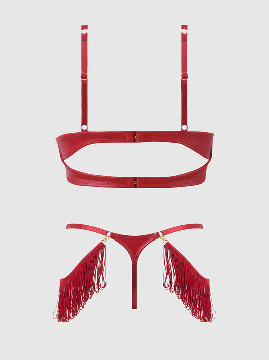 House of Desire Phoenix Faux Leather & Fringe Push Up Bra & Thong Set Crimson Red