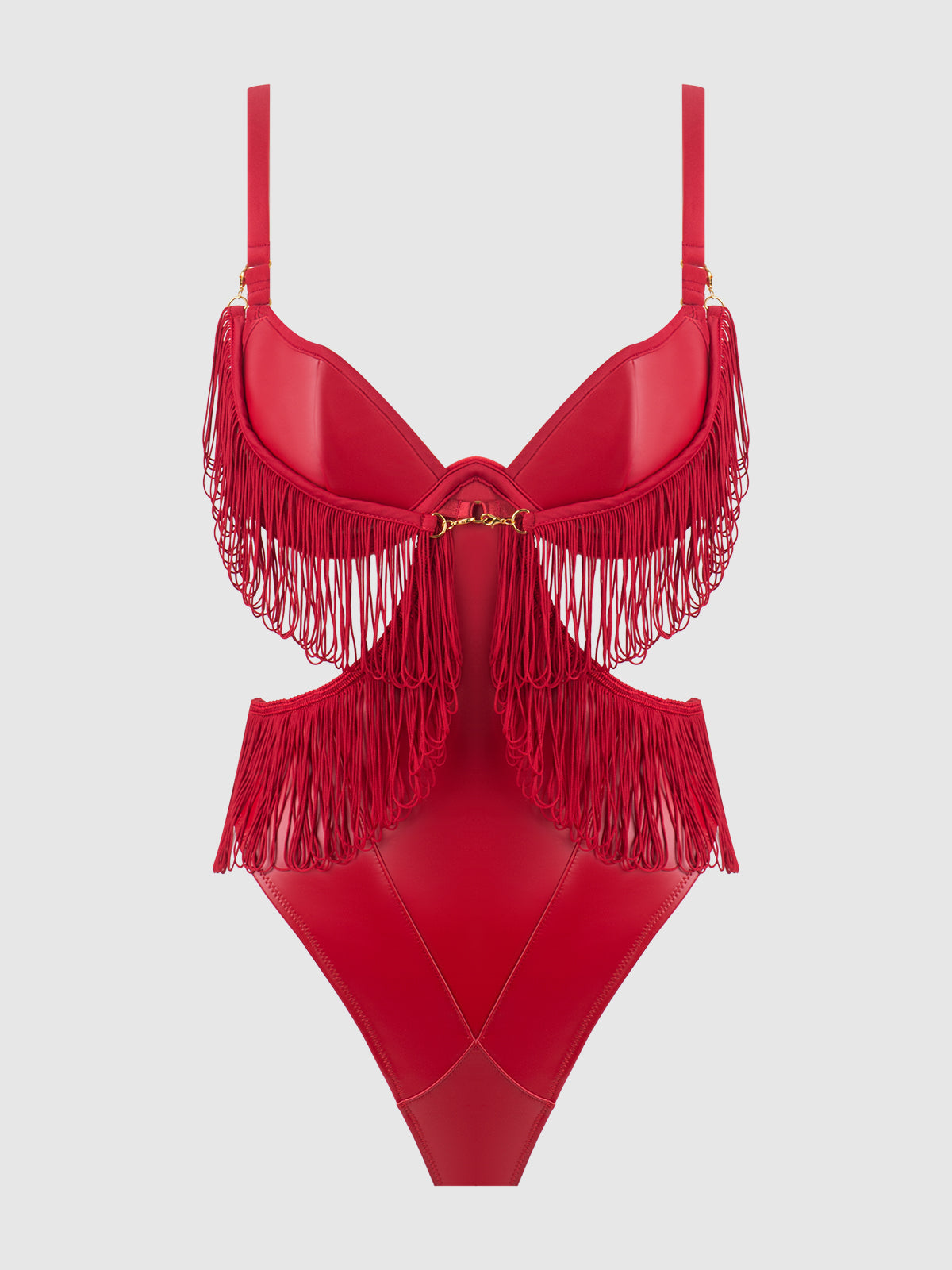 House of Desire Phoenix Faux Leather & Fringe Crotchless Teddy Crimson Red