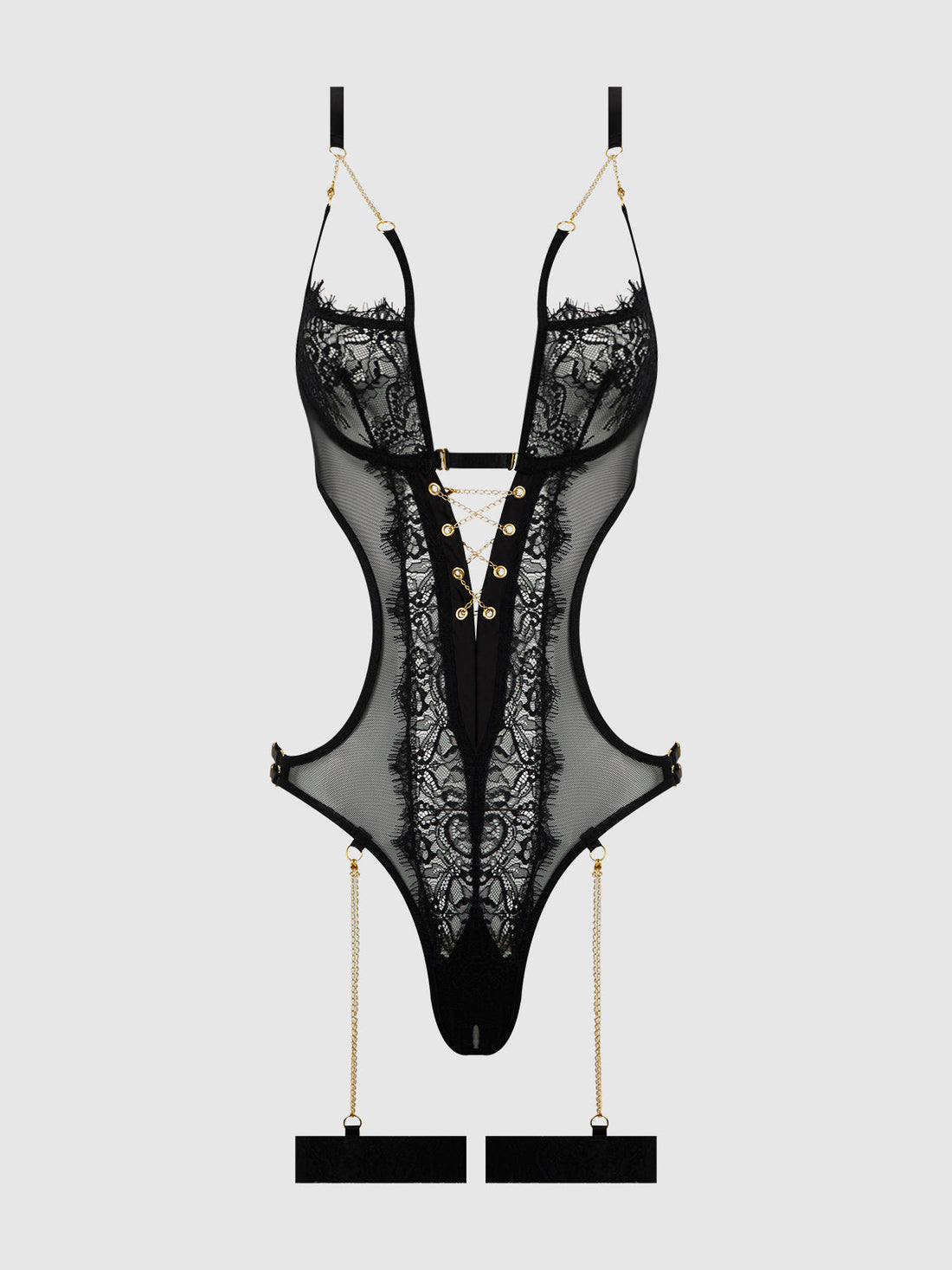 House of Desire Eve Lace & Chain Crotchless Teddy with Thigh Garters
