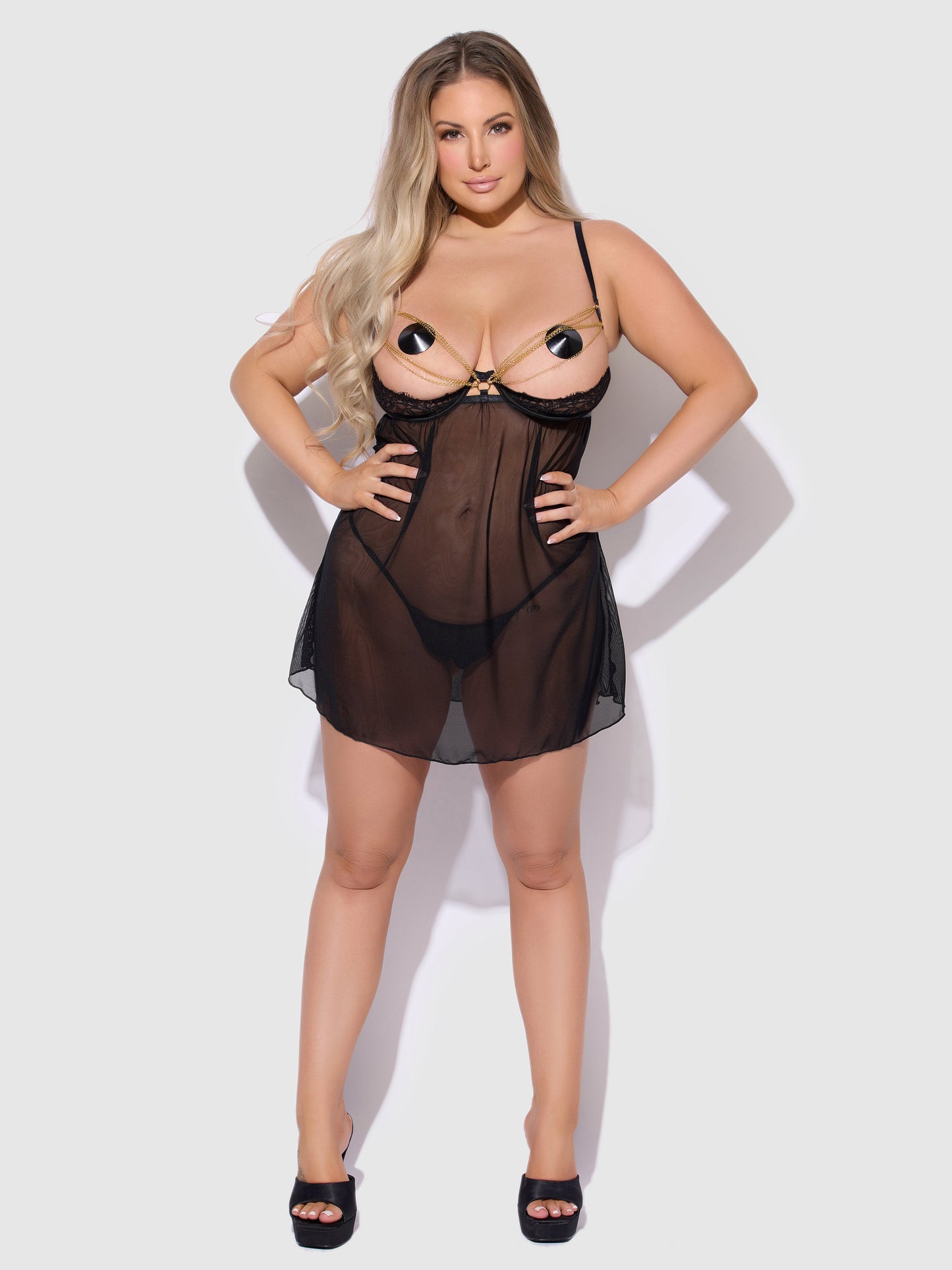 House of Desire Eve Lace, Chain & Sheer Mesh Cup Babydoll Set