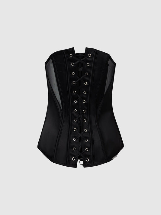 House of Desire Juliet Satin & Mesh Plunge Underwire Corset Black